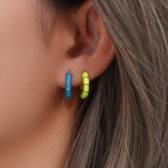 Neon Yellow Enamel Bamboo C‎ Shape Hoop Huggie Earrings 18K Gold Plated - Picture 3 of 5
